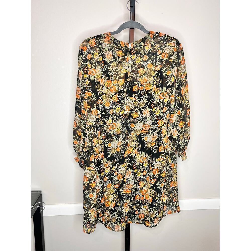 ☀️Knot Sisters Floral Print Puff Sleeve Mini Dress Black/Yellow Women's Size M - Picture 2 of 5